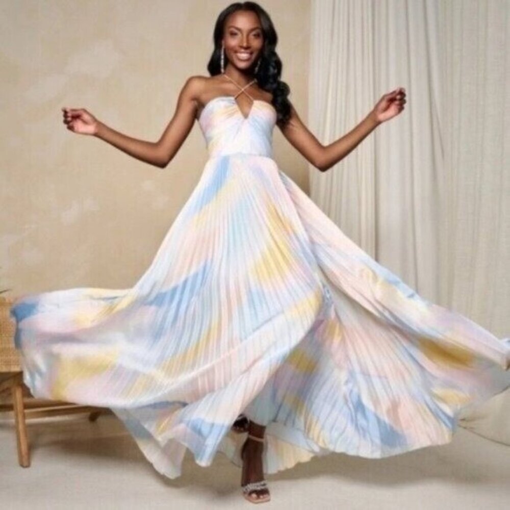 ML Monique Lhuillier Satin Satin Charmeuse Pleated Gown Maxi Dress Size 10 Flaw